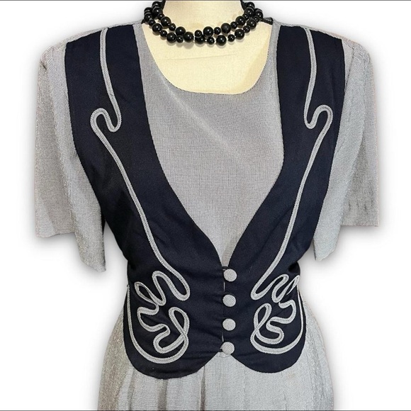 Kithie Lee Vintage 80’s Boho Maxi Gray & Navy Cottage Dress 16W - Picture 8 of 10